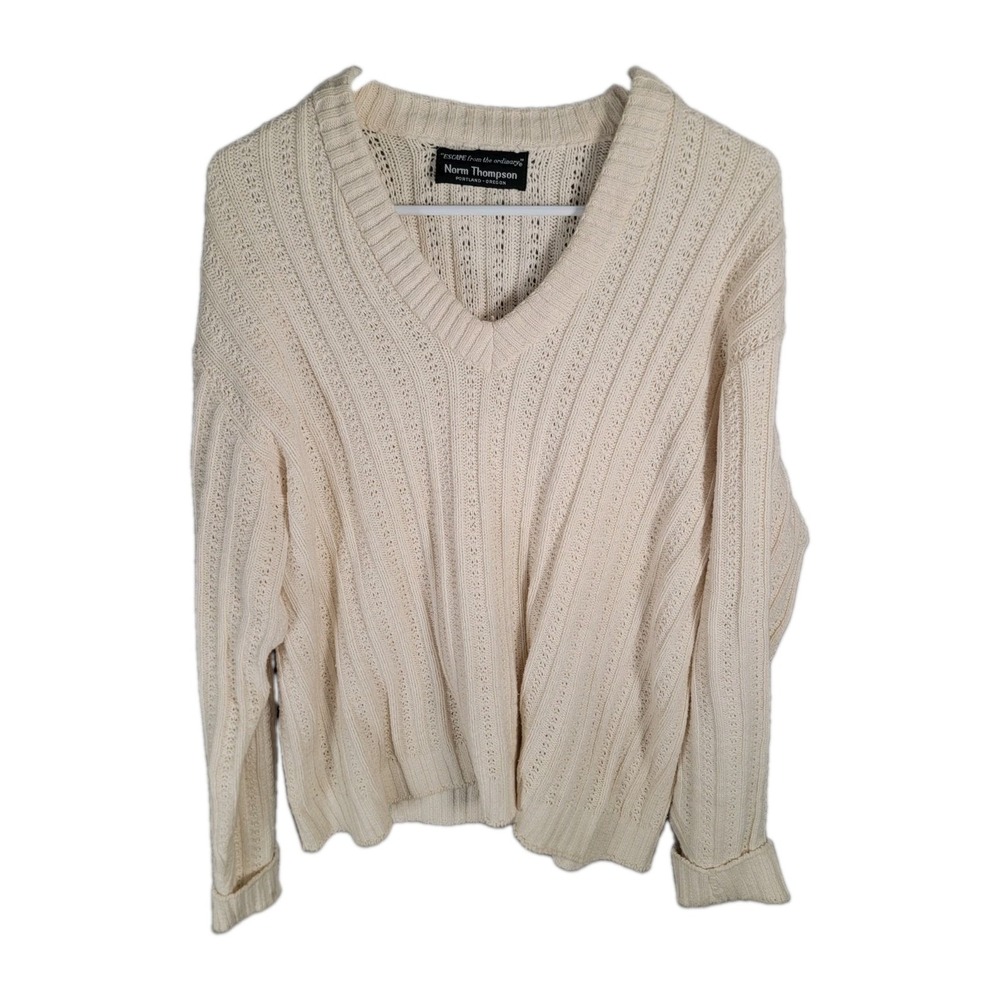 Vintage Norm Thompson Sweater Mens M Cotton Cable Knit V Neck Cream USA Rory